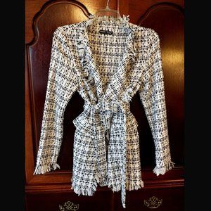 Tweed White/Black Tie Long Coat/Jacket XS